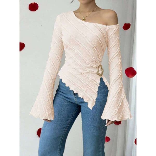 Women's Elegant Commuter Travel Shirt, Textured Fabric, Asymmetric Hem, Bell Sleeves, Side Metal Decor, Spring & Fall Top