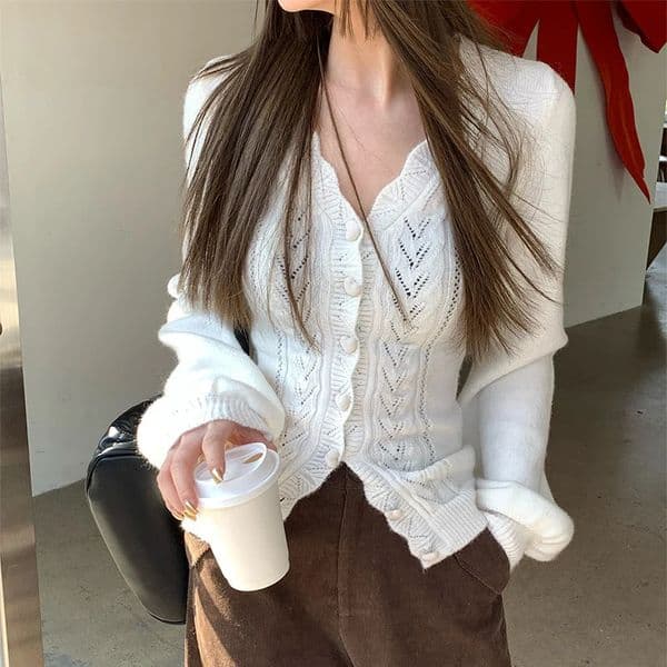 Y2K Vintage Hollow Out V-Neck Knitted Cardigan Women Sexy Slimming Sweater Coat Autumn Korean Chic Single-Breasted Knitwear Tops 260119