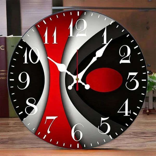 Black & Red Wooden Round Silent Hanging Wall Clock, Suitable For Living Office, Study Room, Bedroom, Home Decoration 26Y0121