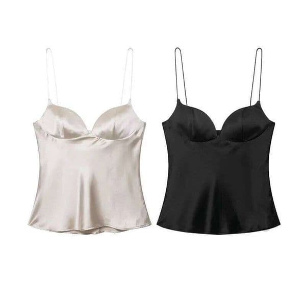 2025 new summer women's fashion temperament sexy backless suspenders heart-shaped collar satin textured top