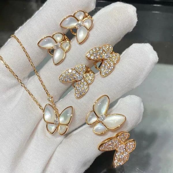 Vanclif High Version Butterfly Necklace for Women White Mother-of-Pearl Diamond Plated 18K Rose Gold Butterfly Earrings Collarbone Chain