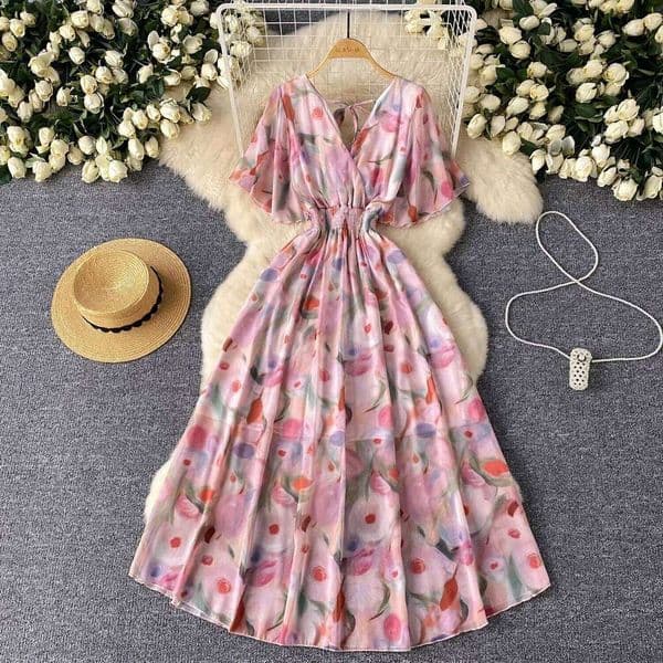 2026 Summer Romantic Floral Print Chiffon Maxi Women Sexy V-neck Backless Beach Vestidos Elegant Elastic Waist Party Dress
