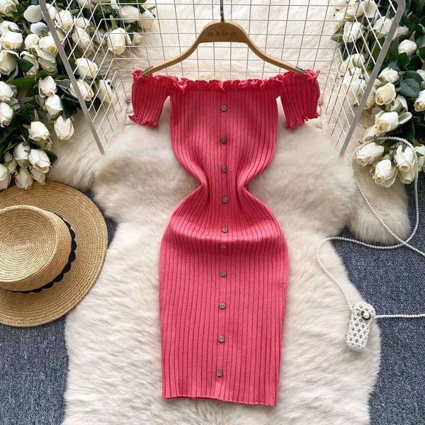 2025 New Pink Solid Button Front Spaghetti Sexy Knit Slash Neck Mini Dress Bodycon Women's Clothing Outfits Ruffles