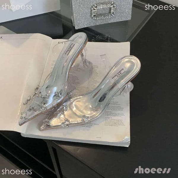2026 Summer New Pointed Toe Rhinestone Transparent Crystal Elegant Designer Shoe Fairy High Heels Women Flat Sandals Size 40