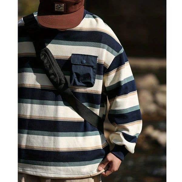 Men Clothing Trendy Vintage Striped Print Oversized Harajuku Streetwear T-shirt Y2K Youth Japanese Style O Neck Long Sleeve Tops 260119
