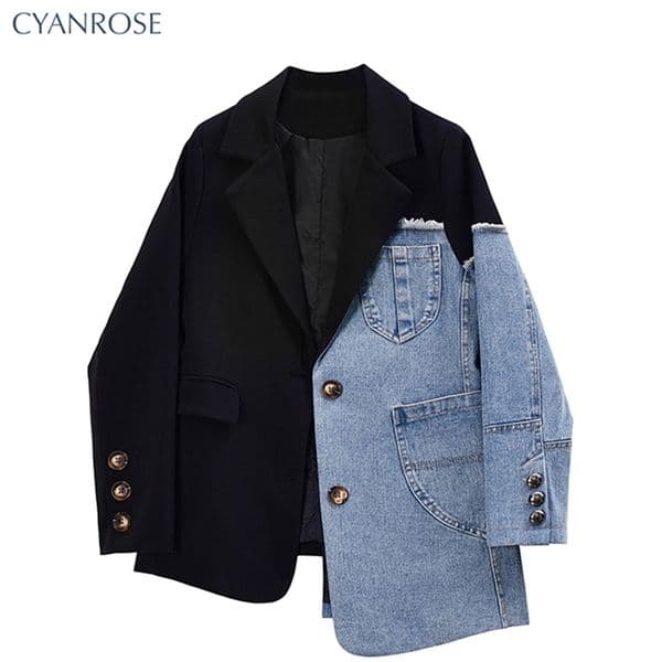 Women Vintage Fashion Blazer Denim Patchwork Jackets Autumn Winter Irregular Coat Women Long Sleeve Loose Korean Outerwear 260120