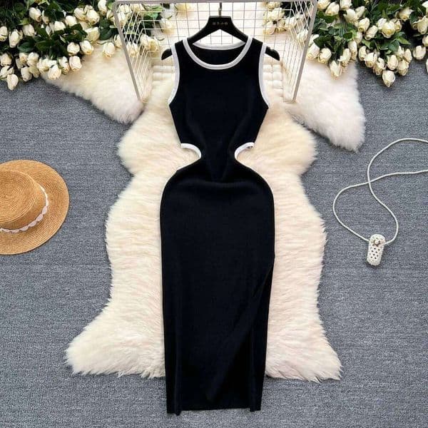 Elastic Women Sexy Cut Out Waist Package Hips Split Bodycon Dress Summer Fashion Lady Knitted Party Vestidos Long Sundress