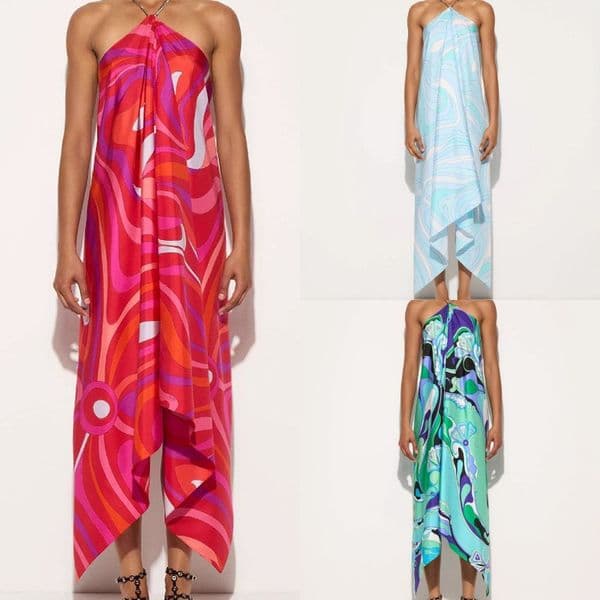 Designer Sexy Beach Dress Contrast Color Wave Halter Dress Women Summer Island Elegant Strapless Dress