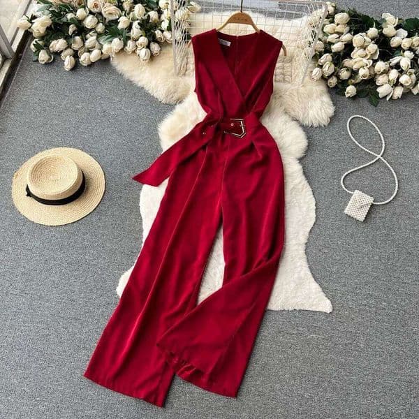 Summer Women Long Jumpsuits V Neck Sleeveless Belt Design Zipper Loose Wide Legs Pants 2024 New Fashion OL Bodysuits
