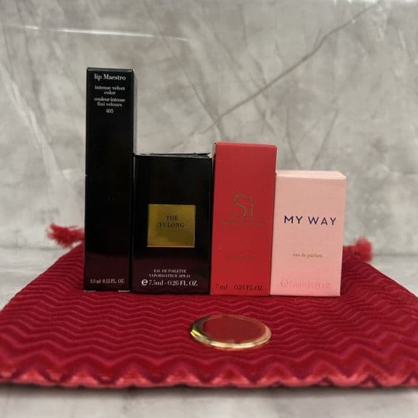 Designer perfume lip gloss makeup set my way si fragrance 7ml pivoine suzhou the yulong perfume 7.5ml lip maestro intense velvet color #405 3.5ml