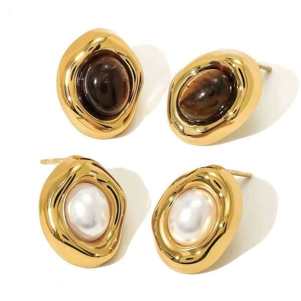 Ailodo Vintage Tiger Eye Stone Imitation Pearl Stud For Women Minimalist 18K Gold PVD Plated Stainless Steel Earrings