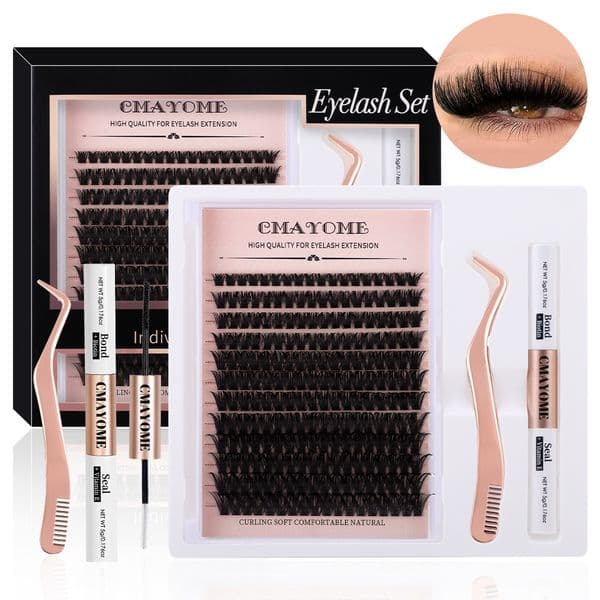DIY Cluster Lashes Kit with Lash Bond & Seal Tweezer Thick Fluffy Individual Eyelash Extensions Accessory for Women B + C Curled Grafted Lashes