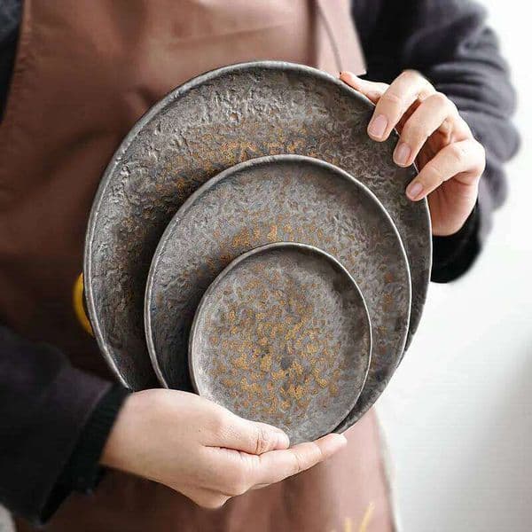 Stoneware Hammer Pattern Shallow Hotel Round Western Food Steak Snack Salad Fruit Sushi Plate Tableware 26L0121