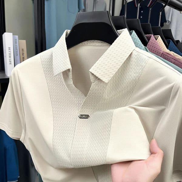 Personality jacquard splicing short sleeve Polo shirt men ice silk breathable high quality fashionable buttonless V-neck T-shirt 260120