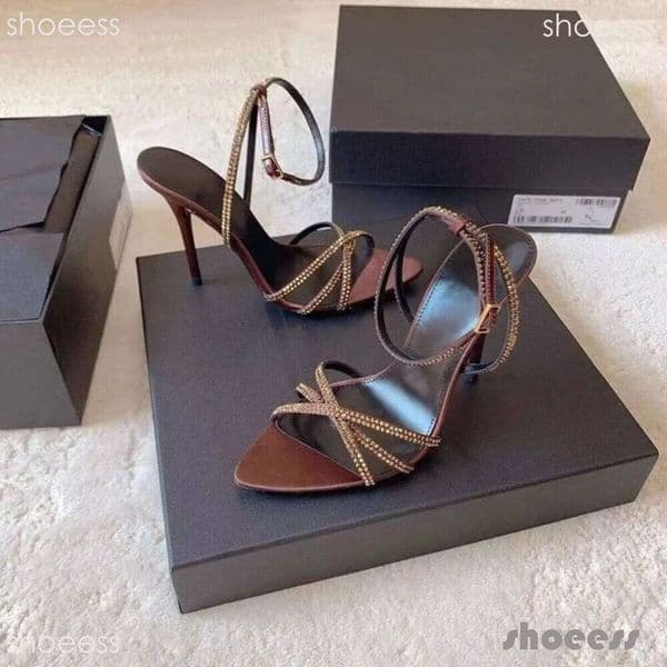 2026 Rhinestone Designer Shoe Brown Stiletto Heel Sexy New Pointed Toe One Strap strappy sparkly Sandals for Women