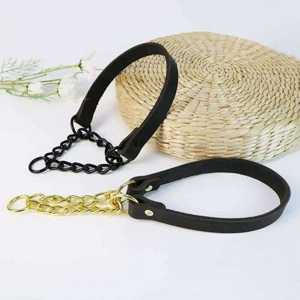 No Pull Dog with Limited Stainless Steel Slip Chain Cinch Durable Leather Martingale Training Collar for Dogs 26W01121