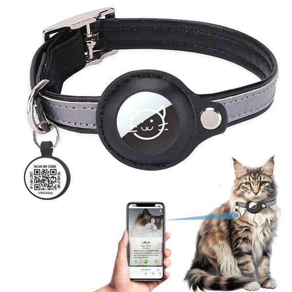 Airtag Holder Collar with QR Accessories Reflective PU leather Kitten Collars, Cat ID Tag, Safety Elastic bands 26W01121
