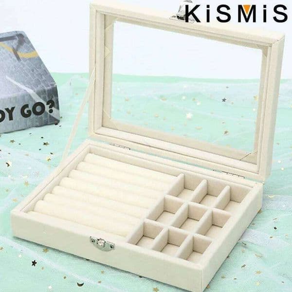 Velvet Ring Organizer Box - Clear Lid Holder, Dust-Proof Storage Tray Rings and Earrings for Multiple Jewelry Pieces 26Y0122