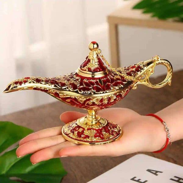 Vintage Aladdin Magic Lamp Figure Large Retro Metal Genie Wishing Light Figurine Sculpture Room Decoration Desk Accessories 26H0122