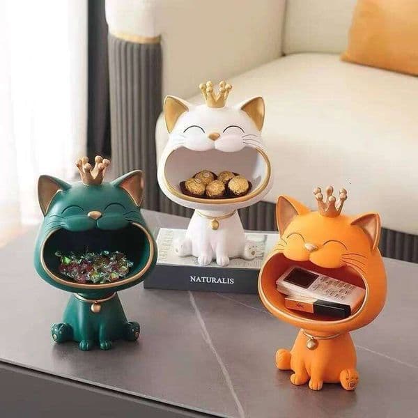 Fortune Crown Big Mouth Cat Entrance Key Storage Tray Decorative Ornament, Light Luxury Housewarming Gift Sculpture 26H0121