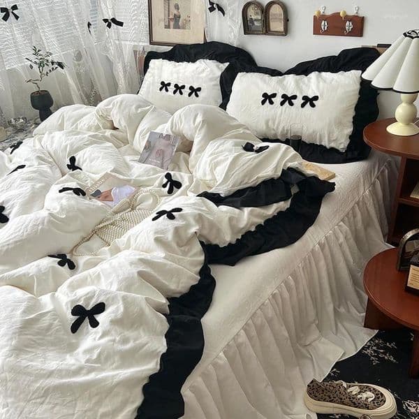 Bedding Sets Korean Princess Style Kawaii Girl Black Bow Set Skin-friendly Soft Duvet Cover Bed Sheet Or Skirt Pillowcases