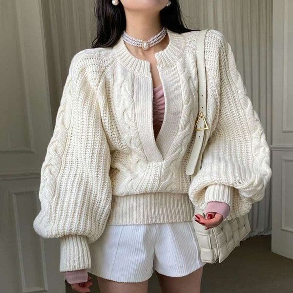 South Korea Chic Elegant Fashion Collar Women Autumn Winter New Twist Pullover V-neck Design Loose Color Knitted Sweater