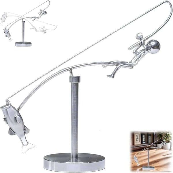 Handmade Kinetic Desk Ornament Metal The Fisherman Balancing Sculpture Gift Fishing Statue for Fishman Lovers 26W01212