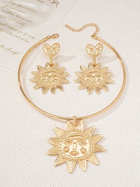 Vintage Jewelry Set European And American Style Personality Trendy Simple Fashion Sunflower Pendant Heart Earrings Exaggerated Niche Versatile Earrings