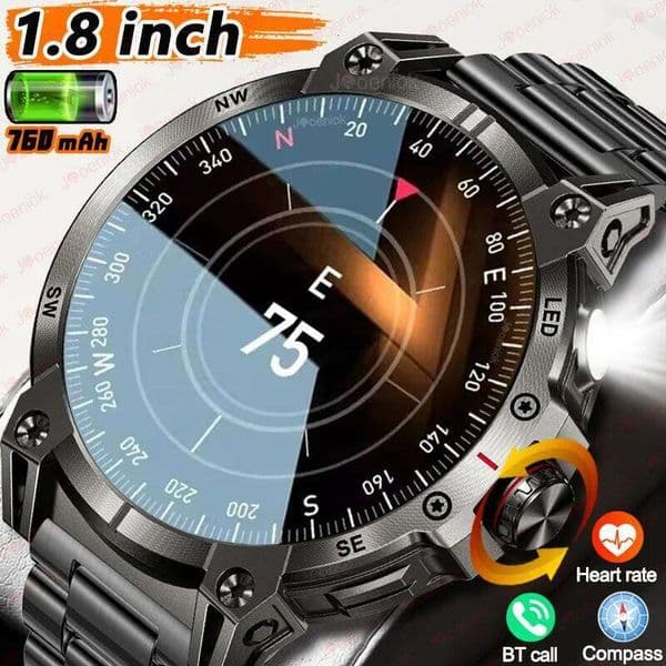 Military Smart Watch Men 760mAh Large Battery LED Flashlight Compass 1.8"HD Screen Heart rate Waterproof BT Call Smartwatch New 26Y0122