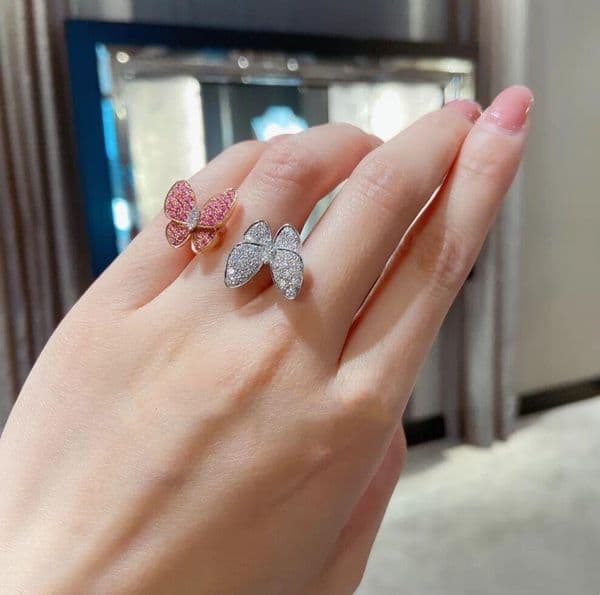Vanly Designer Jewelry Butterfly Necklace 18K Plated with Diamond Double Butterfly Pink Diamond Butterfly Ring Necklace
