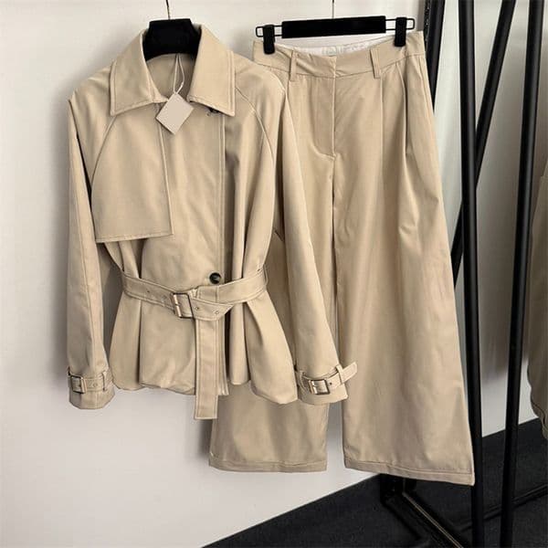 Women Elegant Trench Coat Wide Leg Pants Sets Designer Luxury Single Breasted Windbreaker Long Trousers Outfits