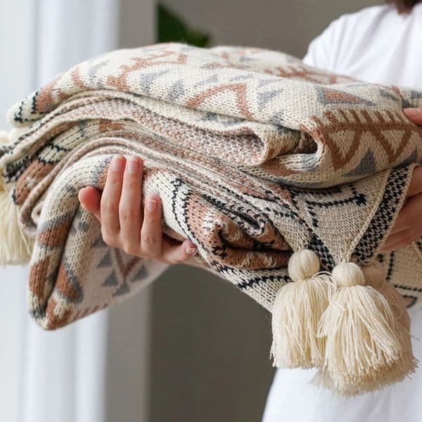 Boho Throw Blankets Knitted Brown Tassel Throw Blanket Soft Tassel Knitted Vintage Autumn Winter Decor Blanket 260121BJ