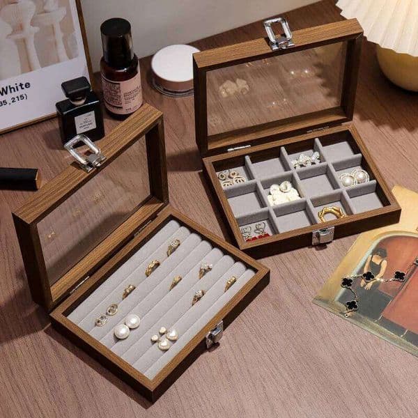Walnut wood color jewelry box; exquisite wooden ring box, earrings, studs, necklace, trinkets multi-compartment storage box 26Y0122