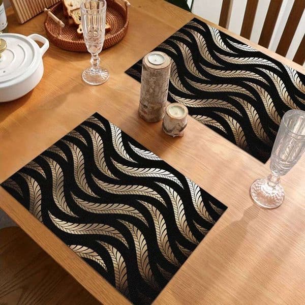 VIKAMA 4-Piece Luxury Black & Gold Feather Placemats Candlelight Dinner Family Gatherings Western Restaurant Decor 26H0122
