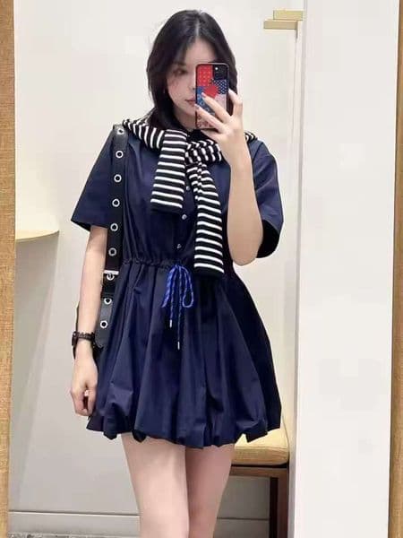 Turn-Down Collar Women's Slimming Bud Robe Drawstring Waist 2026 Spring New FashionFemale Elegnat Short Sleeve Shirt Dress