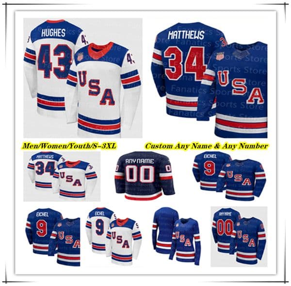 #34 AustonS MatthewsS 2026 Team USA Olympices Hockey Jersey 43 Quinn Jack Hughes Eichel Charlie McAvoy JT Miller Matthew Tkachuk Clayton Keller Zach Werenski Women