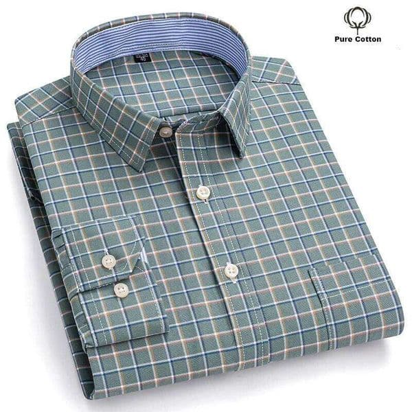 Men's Social Shirts Long Sleeve 100%Pure Cotton Oxford Buttoned Plaid Formal Male Casual Clothes Oversized Shirt Plus Size S-7XL 26W0122