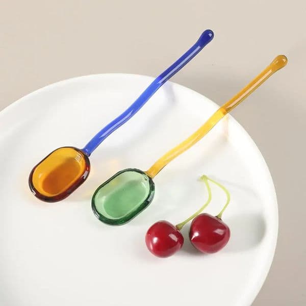 Creative Milk Dessert Spoon Colorful Transparent High Temperature Resistant Glass Spoon Cute Long Handle Coffee Stirring Spoon 260121
