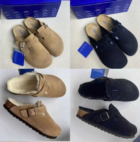 Boston zuecos grandes zapatillas de piel oveja diapositivas invierno plataforma con patas suaves zapatilla alemana gamuza cuero nobuck m