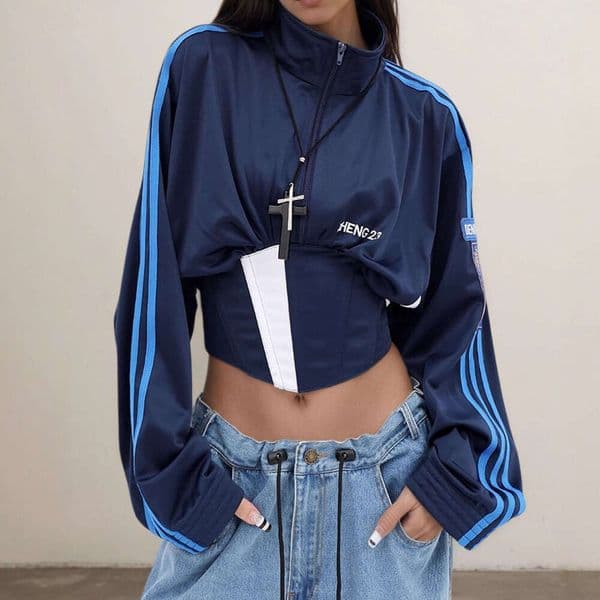 American Retro Color-Block Patchwork Sports Short Jacket for Women, Autumn New Fishbone Waist-Cinching Stand Collar Tie Sun Protection Shirt