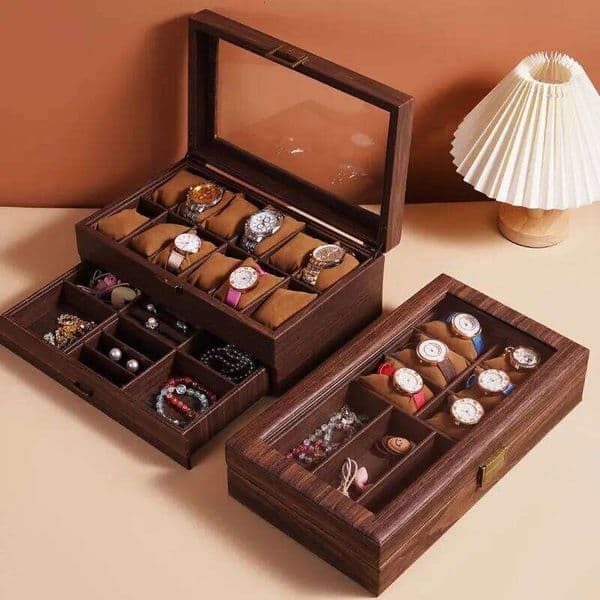 DELESYS New Style Retro Leather Brown Wood Grain PU Dustproof Glass Display Clamshell Watch Storage Box 26Y0122