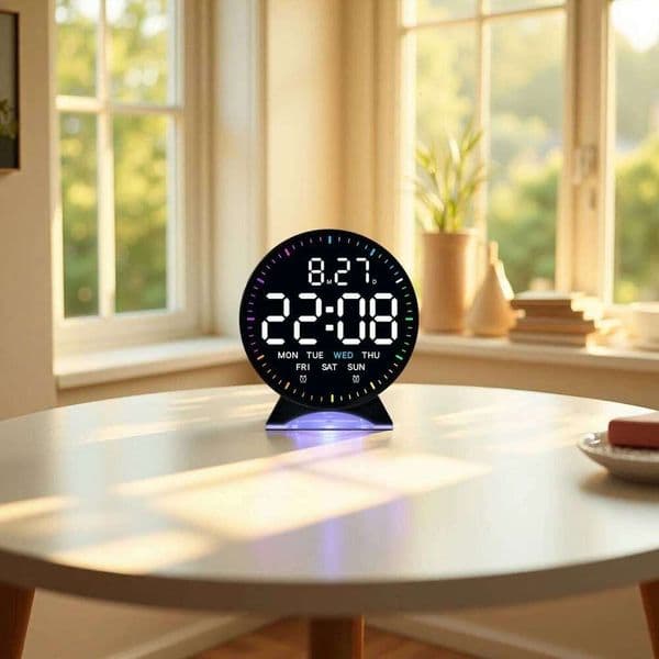 LED Digital Alarm Week Date Second Hand Display Brightness Adjustable 2 Alarms Table Ambient Light 12/24H Electronic Clock 26L0122