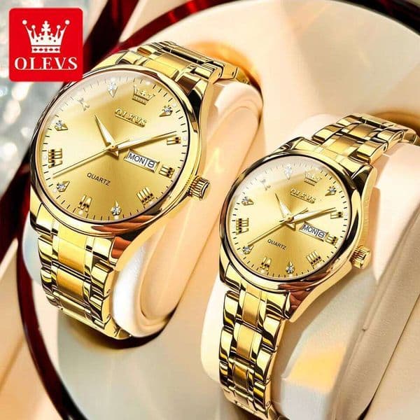 OLEVS 5563 Luxury Brand Couple Gold Stainless Steel Quartz Watch for Men and Women Waterproof Luminous Wristwatch 26W01122