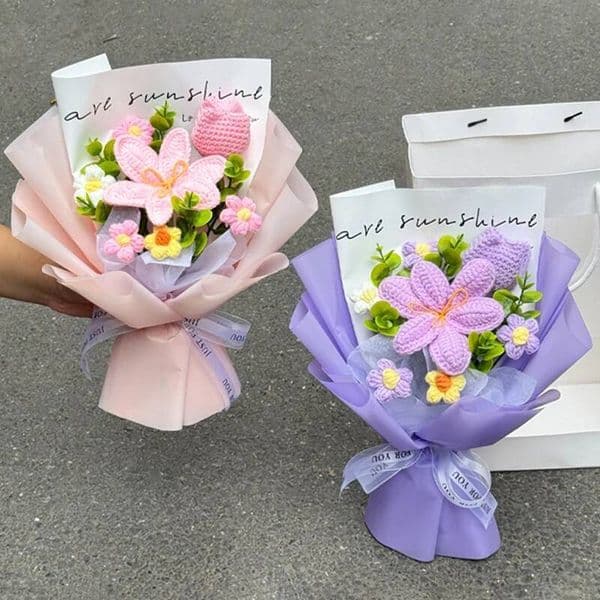 Handmade Tulip Crochet Flowers Bouquet Valentine's Day Birthday Gifts Finished Hand-woven Rose Sunflowers