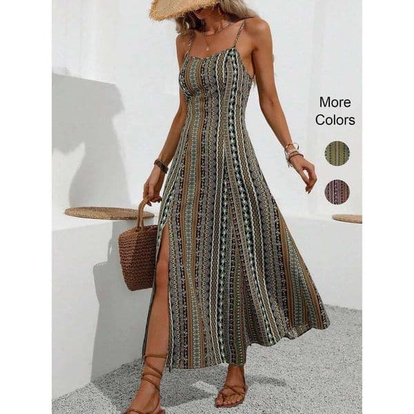 Printed Vacation Slim-Fit Split Cami Dress Super Stylish Atmospheric Ideal for Daily Shopping Gatherings & Street Looks