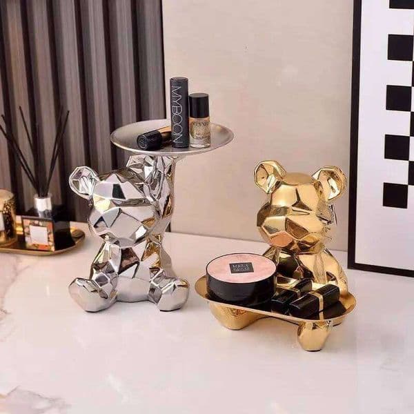 Ceramic Geometric Bear Ornament Coin Bank Home Living Room Desktop Remote Control Key Storage Tray Decorative Statue Gift 26W01212