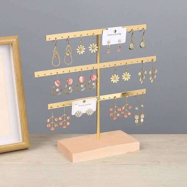 Wooden Base 52-Hole Jewelry Organizer Stand with Metal Earring Holder Rack, Ideal for Home Decor and Wedding Accessories 26Y0122