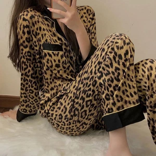 Thailand Spring and Fall Pajamas Set Womens Fashion Leopard Print Long-Sleeved Sleepwear Loungewear Ladies Upscale Homewear 260121
