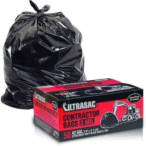 Heavy Duty 42 Gallon Contractor Trash Bags, 3 MIL Thick, 50 Pack with Ties for Construction and Commercial Use 26W0123