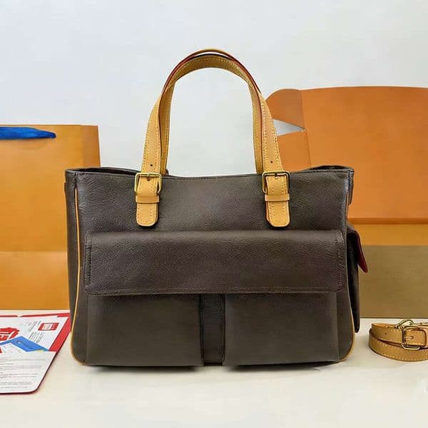 Women Luxury Designer Large Briefcase Shoulder Bags Vintage Camel Bag Front Double Pocket Fashion Ladies Handle Purses Totes Bag Brown